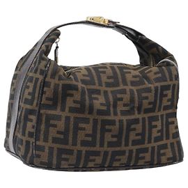 FENDI Zucca Canvas Vanity Handtasche Schwarz Braun Auth 201467