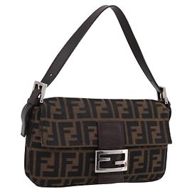 Bolsa de Ombro FENDI Zucca Canvas Mamma Baguette Preta Castanha Auth 203886V