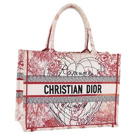 Christian Dior Book Tote Canvas White Red Auth ka6183V