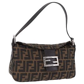 FENDI Zucca Canvas Mamma Baguette Shoulder Bag Brown Black Auth 204131V