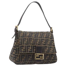 FENDI Zucca Canvas Mamma Baguette Schultertasche Schwarz Braun Auth 204132V