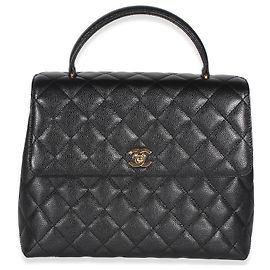 Bolsa Chanel Vintage 24k Black Quilted Caviar Kelly Top Handle Bag