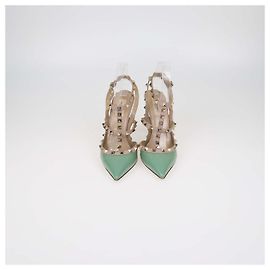 Décolleté con cinturino alla caviglia Rockstud Caged in pelle e pelle verniciata Green, Beige di Valentino