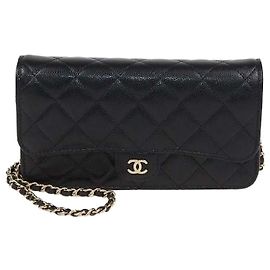 Chanel Black Quilted Caviar Leather Flap Phone Holder Wallet on Chain