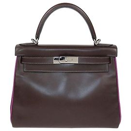 Hermès Hermes Chocolat, Cyclamen Box Calf Leder Palladium Hardware Kelly Retourne 28 Tasche