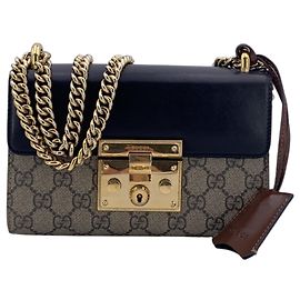 Gucci Small Chain Schultertasche mit Vorhängeschloss aus GG Supreme Canvas Black Brown