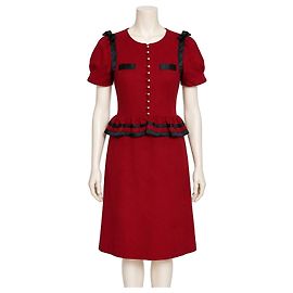 Vestido Peplum Anna Sui de Lana Roja con Cintas Negras