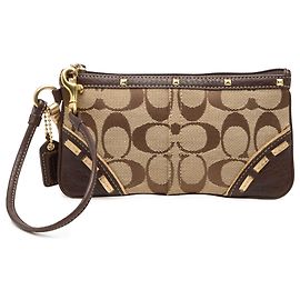 Cartera de muñeca Coach Beige Small Signature Canvas and Leather Studded