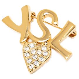 Autre Marque Spilla Saint Laurent Cuore in Cristalli e Logo Placcato Oro