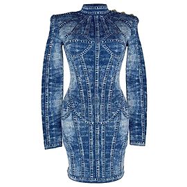 Balmain Trompe L'œil Jacquard Mini-Kleid aus blauer Viskose