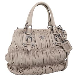 PRADA Gathered Hand Bag Leather 2way Beige Silver Auth 201361V