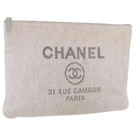 CHANEL Deauville Clutch Bag aus Stroh Grau Silber CC Auth ka6238A