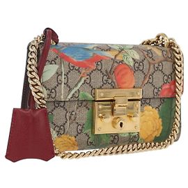 Borsa a tracolla GUCCI GG Supreme con catena e lucchetto PVC Beige Gold 409487 Auth ka6254V