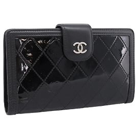 Portafoglio lungo CHANEL Matelasse in pelle verniciata nera argento CC Auth 204635