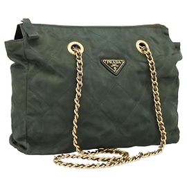 PRADA Chain Shoulder Bag Nylon Khaki Gold Auth 203875