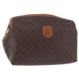 Céline CELINE Macadam Canvas Pouch PVC Leather Brown Gold Auth ki6839