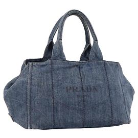 Bolsa de mão PRADA Canapa MM Denim Blue Gold Auth 201449