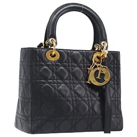 Christian Dior Canage Handtasche aus Lammleder 2way Schwarz Gold Auth 203242V