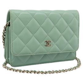 Portafoglio a spalla con catena CHANEL Matelasse in pelle d'agnello verde e oro CC Auth am12655SAM