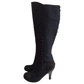 Botas Lanvin em algodão azul marinho e pele preta Tamanho 38