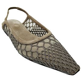 Brunello Cucinelli Décolleté Flat in Mesh e Camoscio Taupe con Decorazioni Monili