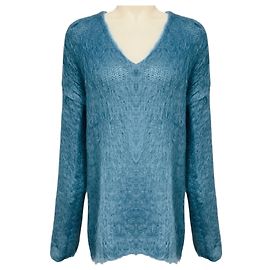 Jersey de punto de manga larga y cuello en V de mohair y lana azul pizarra Rochas