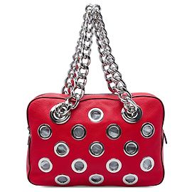 Bolsa de Ombro Prada Vitello Daino Vermelha com Corrente e Ilhoses