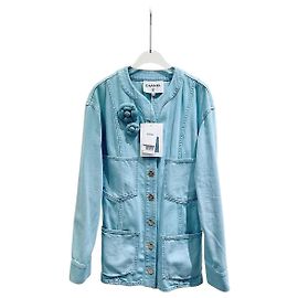 Giacca Chanel in Tweed Blu con Motivo Camelia Taglia 34