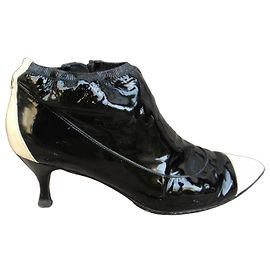 Chanel Black and White Patent Leather Ankle Boots