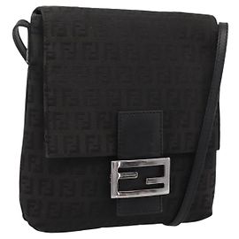 FENDI Zucchino Canvas Mamma Baguette Shoulder Bag Black 8BT075
