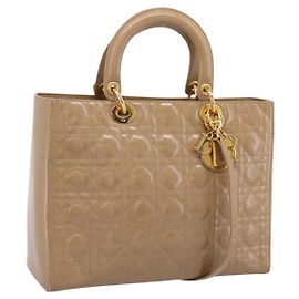 Christian Dior Cannage Lady Dior Large Hand Bag Patent Beige Gold