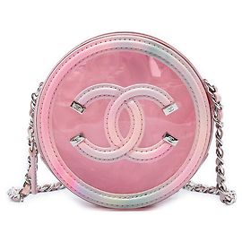 Clutch Redonda Chanel CC Filigree em PVC rosa e pele de cordeiro com corrente