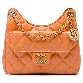 Chanel Orange Small Shiny Crumpled Calfskin Wavy CC Hobo