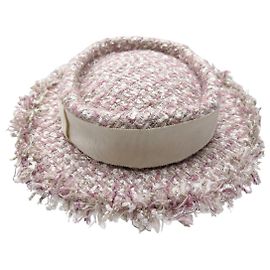NUEVO SOMBRERO CHANEL TWEED T58 CAPELINA ROSA PALIDO LOGO CC WIDE BRIMMED HAT