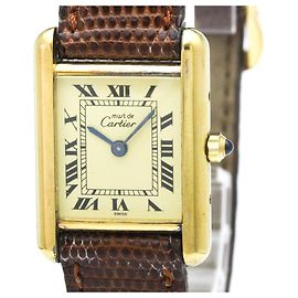 Cartier Must Tank vergoldete Lederarmband Quarz Damenuhr 366001