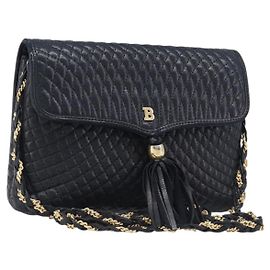 BALLY Schultertasche mit Kette aus Leder Schwarz Gold Auth 204454