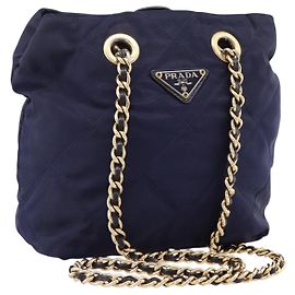 Bolso de hombro con cadena PRADA Nylon Navy Gold Auth 203877