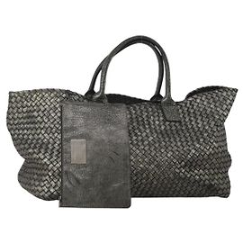 Borsa BOTTEGA VENETA INTRECCIATO in pelle nera argento Auth 201995