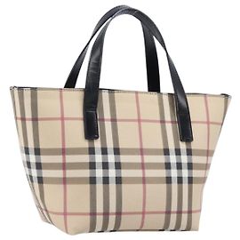 BURBERRY Nova Check Handtasche PVC Beige Silver Auth 203614