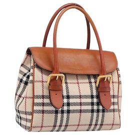 Bolso de Mano BURBERRY Nova Check Canvas Beige Tono Dorado Auth 204621V