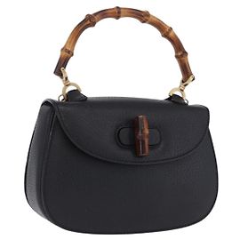 Bolsa de Mão GUCCI Bamboo Couro Preto Dourado 000 2046 0188 Auth 204145V