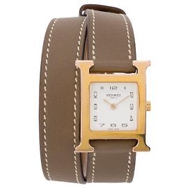 HERMÈS - Montre Heure H Mini 21mm Hermès en cuir lisse étoupe