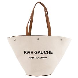 Autre Marque SAINT LAURENT - Borsa Saint Laurent Cabas Rive Gauche in tela beige e pelle marrone