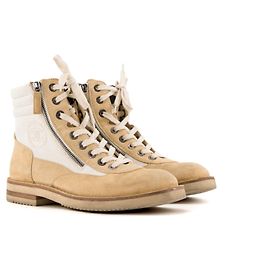 CHANEL - Botins Interlocking CC Chanel em camurça e lona bege (T38,5)