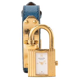 HERMÈS - Relógio Kelly Hermès em banho de ouro e couro grão azul