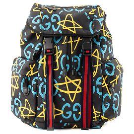 GUCCI - Sac à dos Ghost Gucci en toile noire à motif graffiti bleu et jaune édition limitée