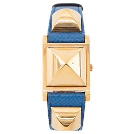 HERMÈS - Orologio Médor PM Hermès in pelle grana blu e placcato oro