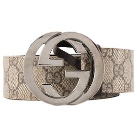 GUCCI - Ceinture Interlocking Gucci en toile enduite monogrammée marron (T90)