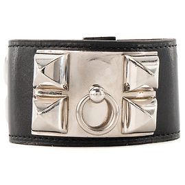 HERMÈS - Bracelete Collier de Chien Hermès em couro liso preto (S)