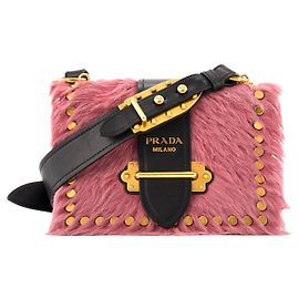 PRADA - Prada Cahier Schultertasche aus rosa Pelz und schwarzem Glattleder
